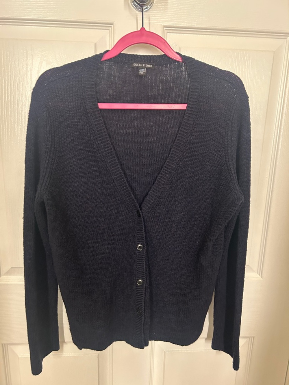 Eileen Fisher Organic Linen & Cotton V-Neck Cardigan Sweater Women’s Small Navy